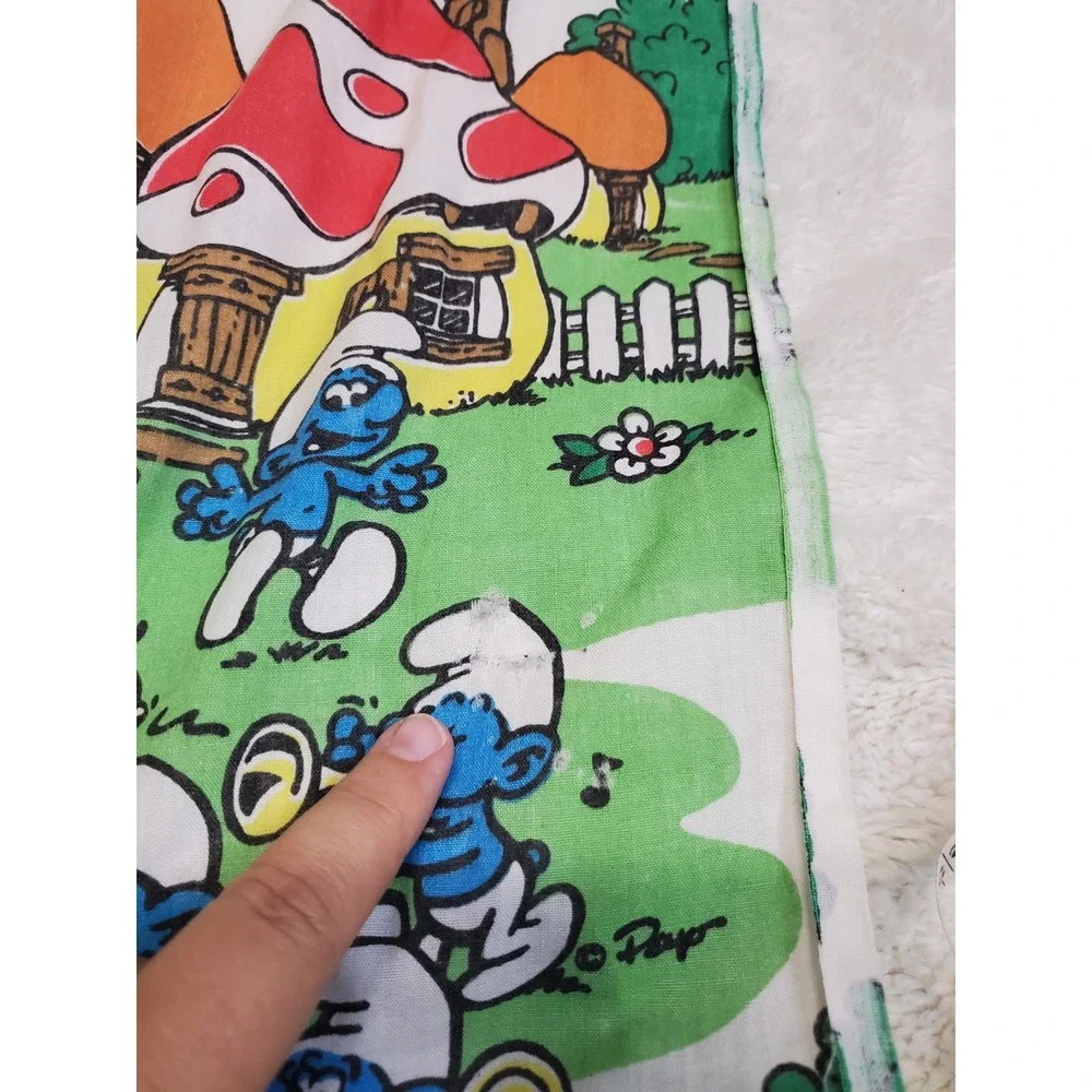 Vintage Lawtex 1980s 80s Smurfs Village Fabric Twin Flat Sheet Retro Gargamel